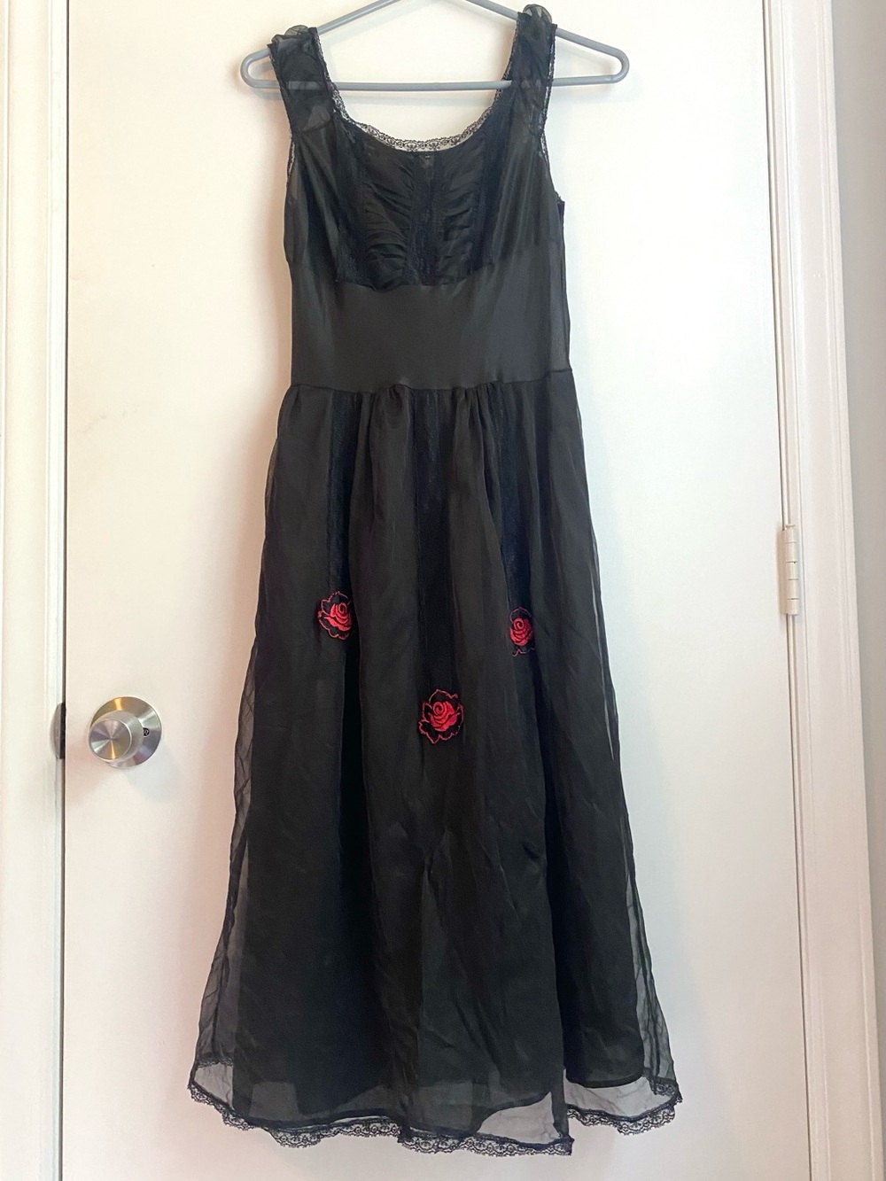 Vintage 70’s Dark Green & Black Sheer Embroidered Lacey Slip Dress